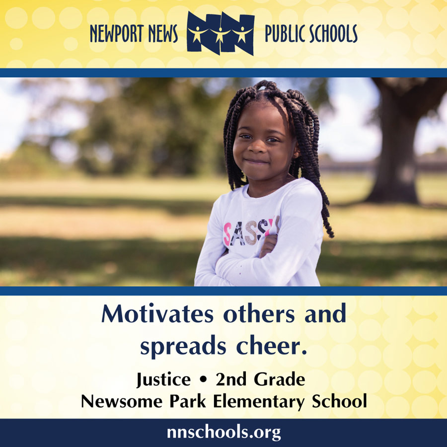 Student Spotlight on Justice Rollins, a second grader at Newsome Park Elementary School. Justice is a positive student who encourages her classmates and teachers.